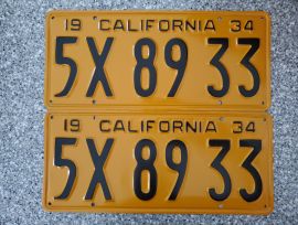 1934 California License Plates, Pro-Restored, DMV 